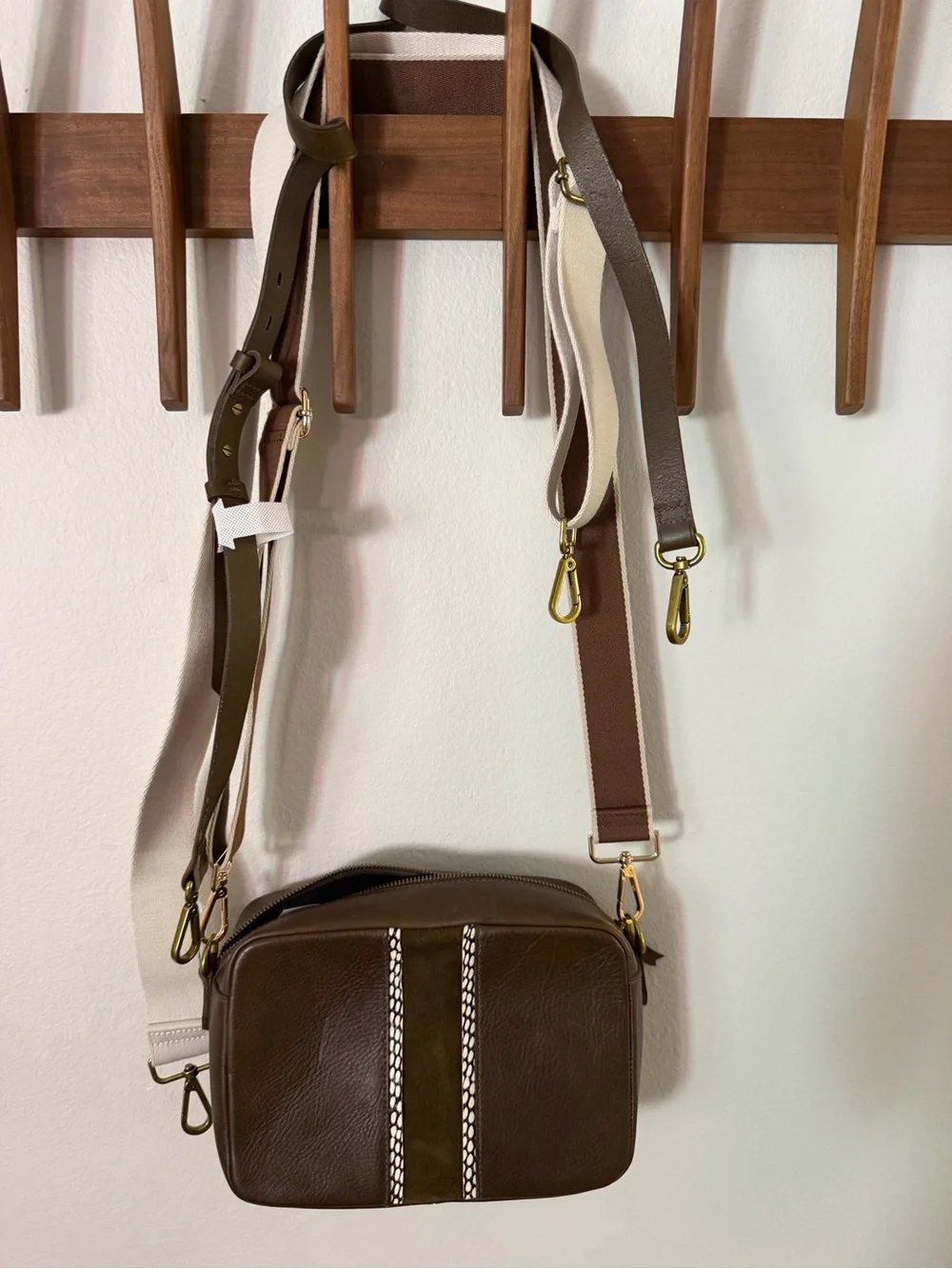 NWT Madewell Transport Brown Leather Crossbody Bag with Center Suede Stripe